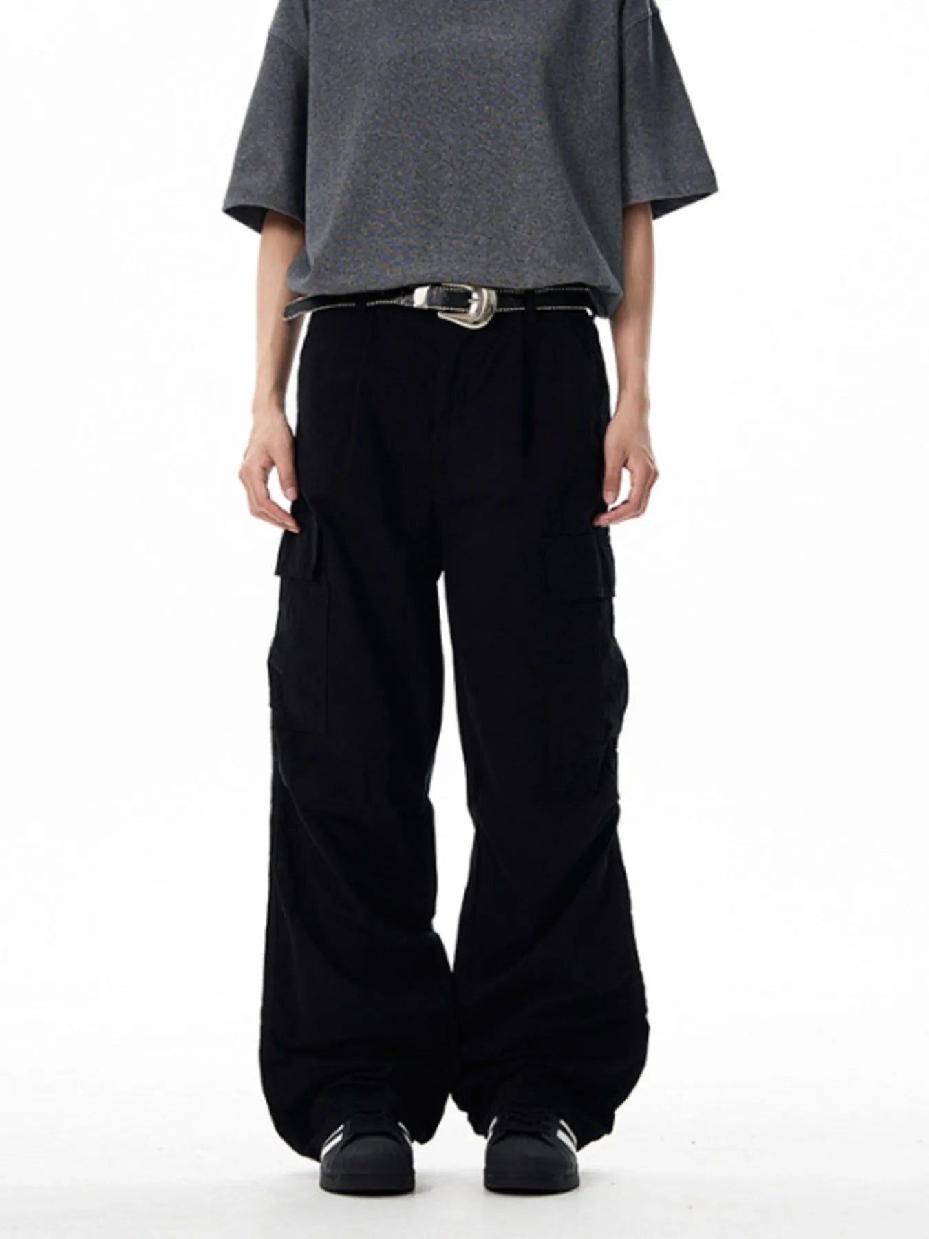 Black wide-leg cargo pants with belt and side cargo pockets