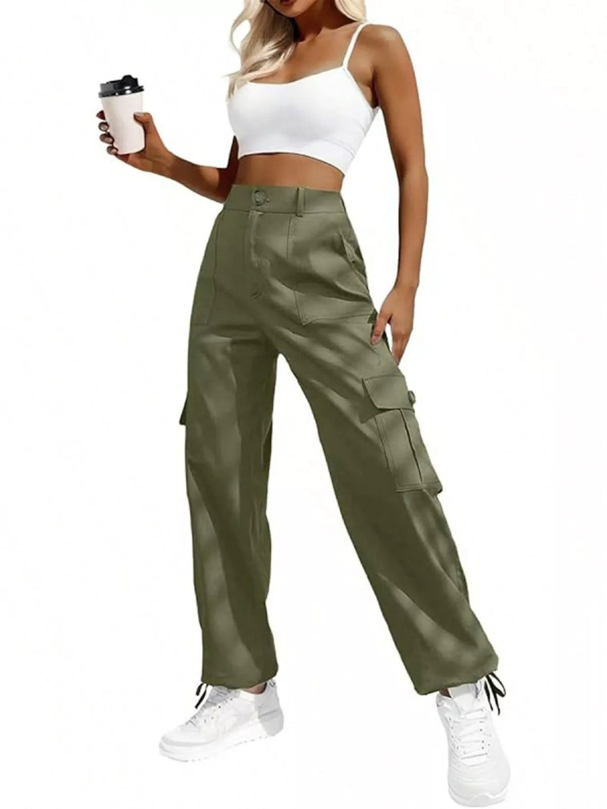 High-waist cargo pants in army green with side cargo pockets and drawstring cuff hems