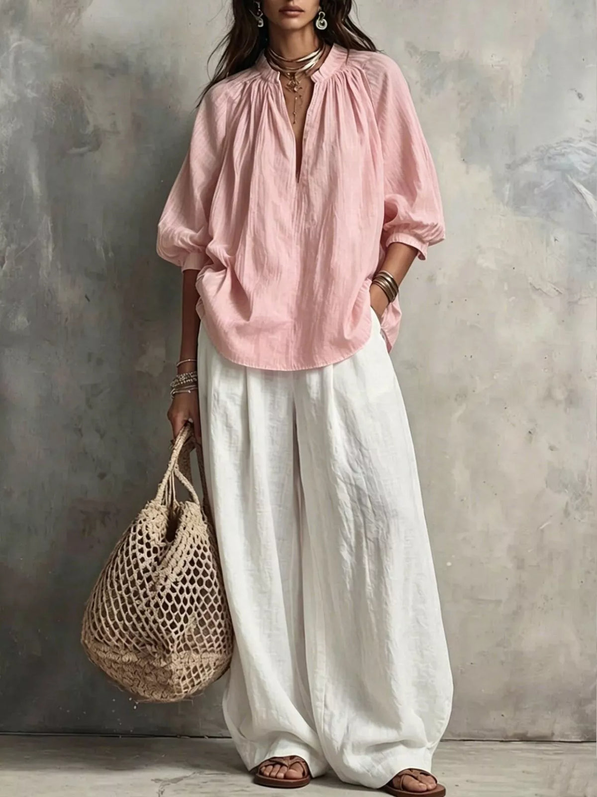 Blush pink notched blouse with puff sleeves and split neckline, with white wide-leg pants