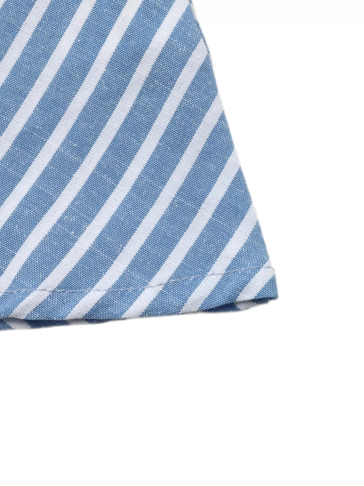 Fabric swatch of blue and white vertical striped textile.