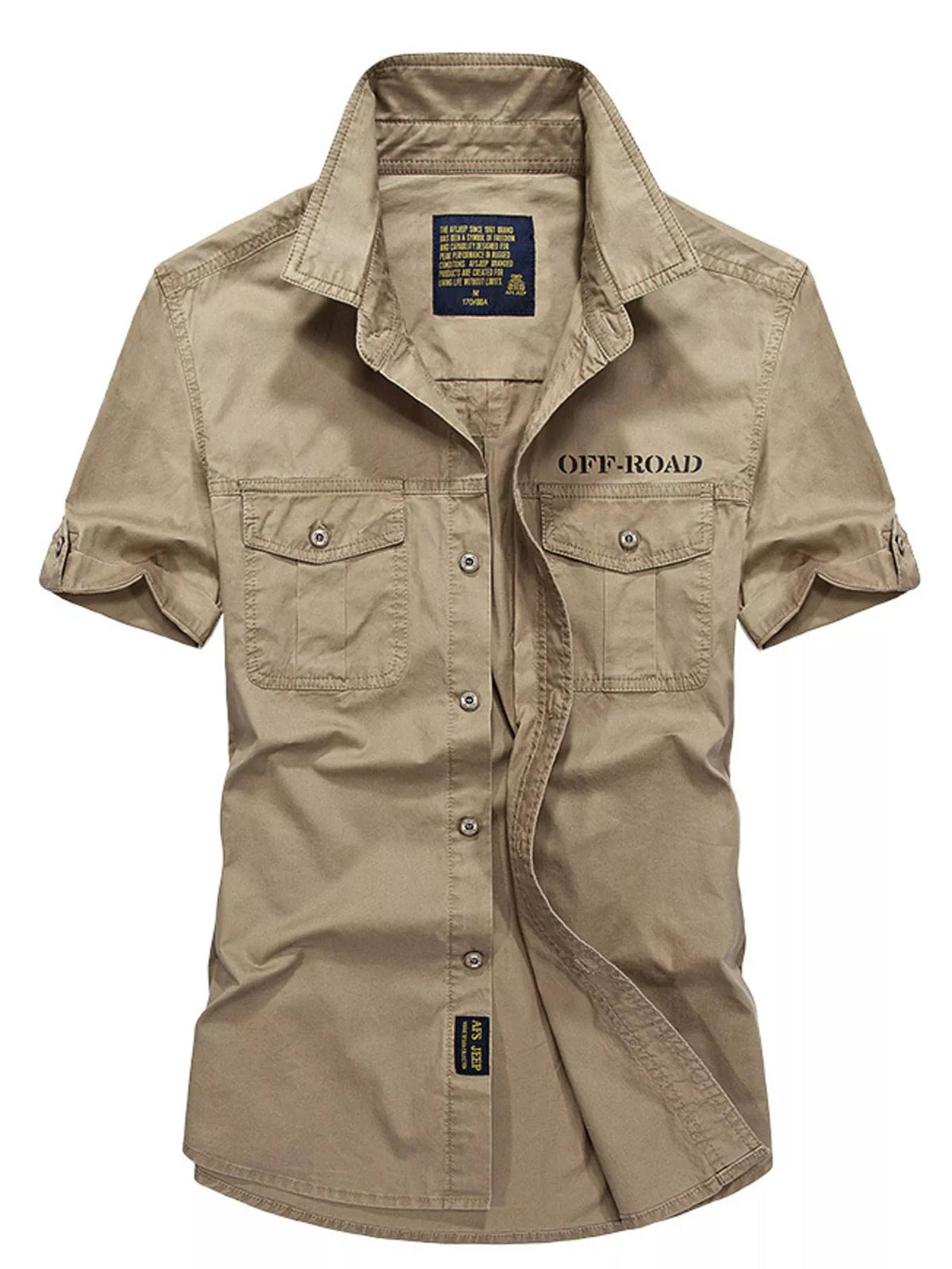 Men's stretch cotton short-sleeve shirt, khaki, button-up with chest pockets
