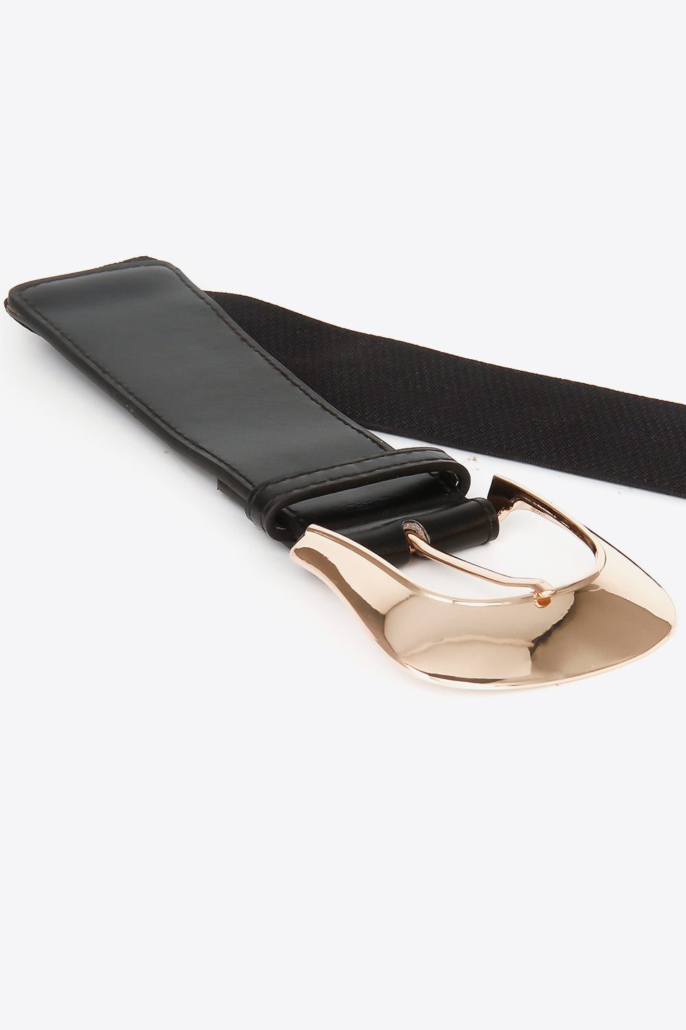 Black elastic wide vegan belt with metal buckle and stitched end tab