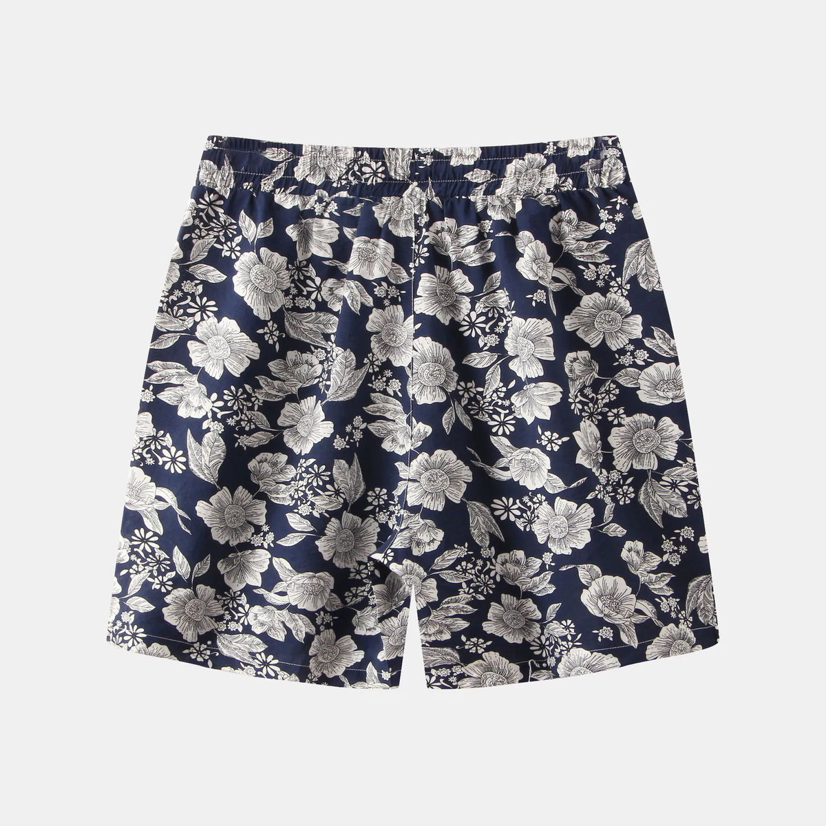 Dark navy floral print elastic waist casual shorts with drawstring, white blossoms