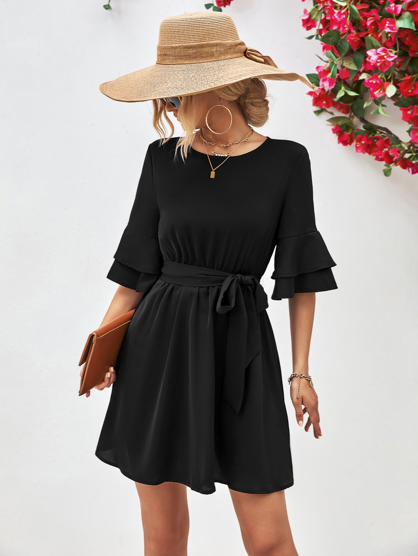 Black round-neck tie-belt dress with ruffle flounce sleeves and gathered waist
