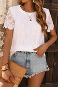 White eyelet short-sleeve T-shirt with round neck and scalloped lace sleeves