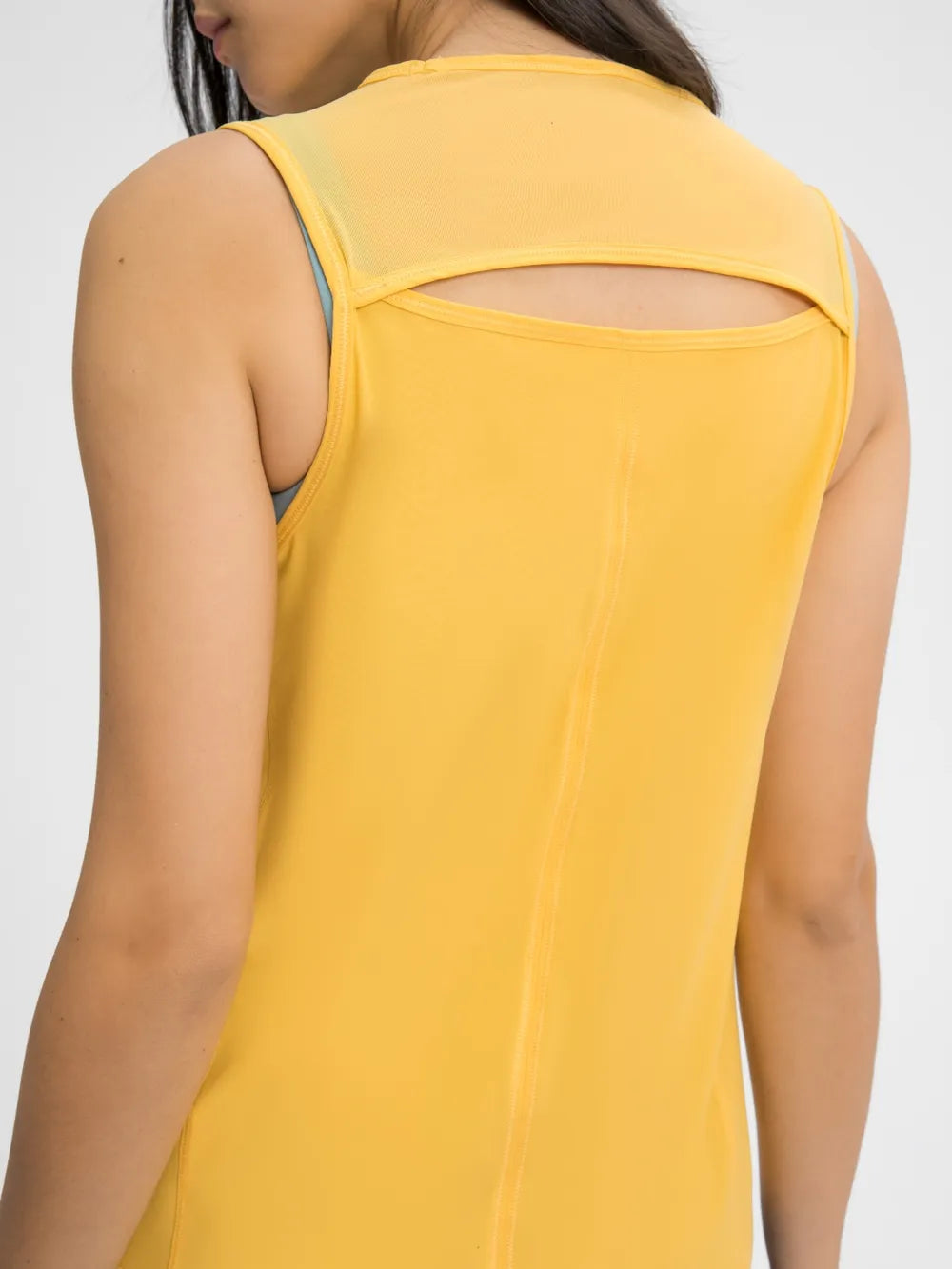 Yellow active tank top back with U-shaped cutout and wide straps