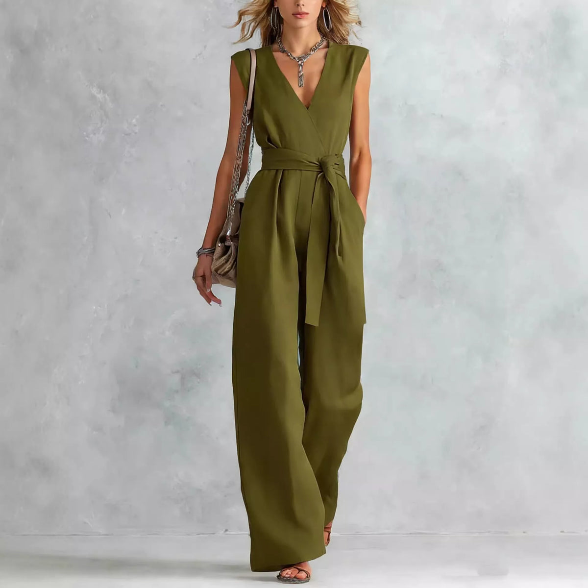 Army green sleeveless wide-leg jumpsuit with V-neck and cinched tie waist