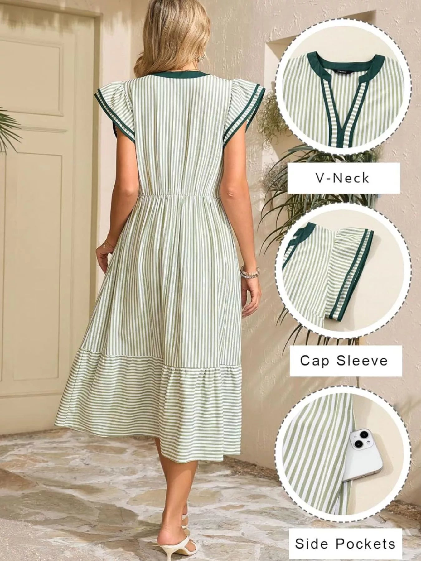 Back view green-striped midi dress with V-neckline, cap sleeves, and side pockets