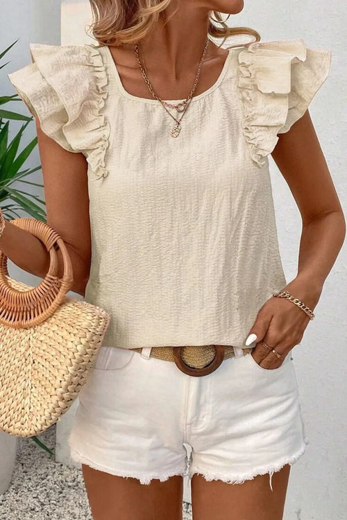 Beige ruffled cap sleeve blouse with scoop neckline and textured fabric