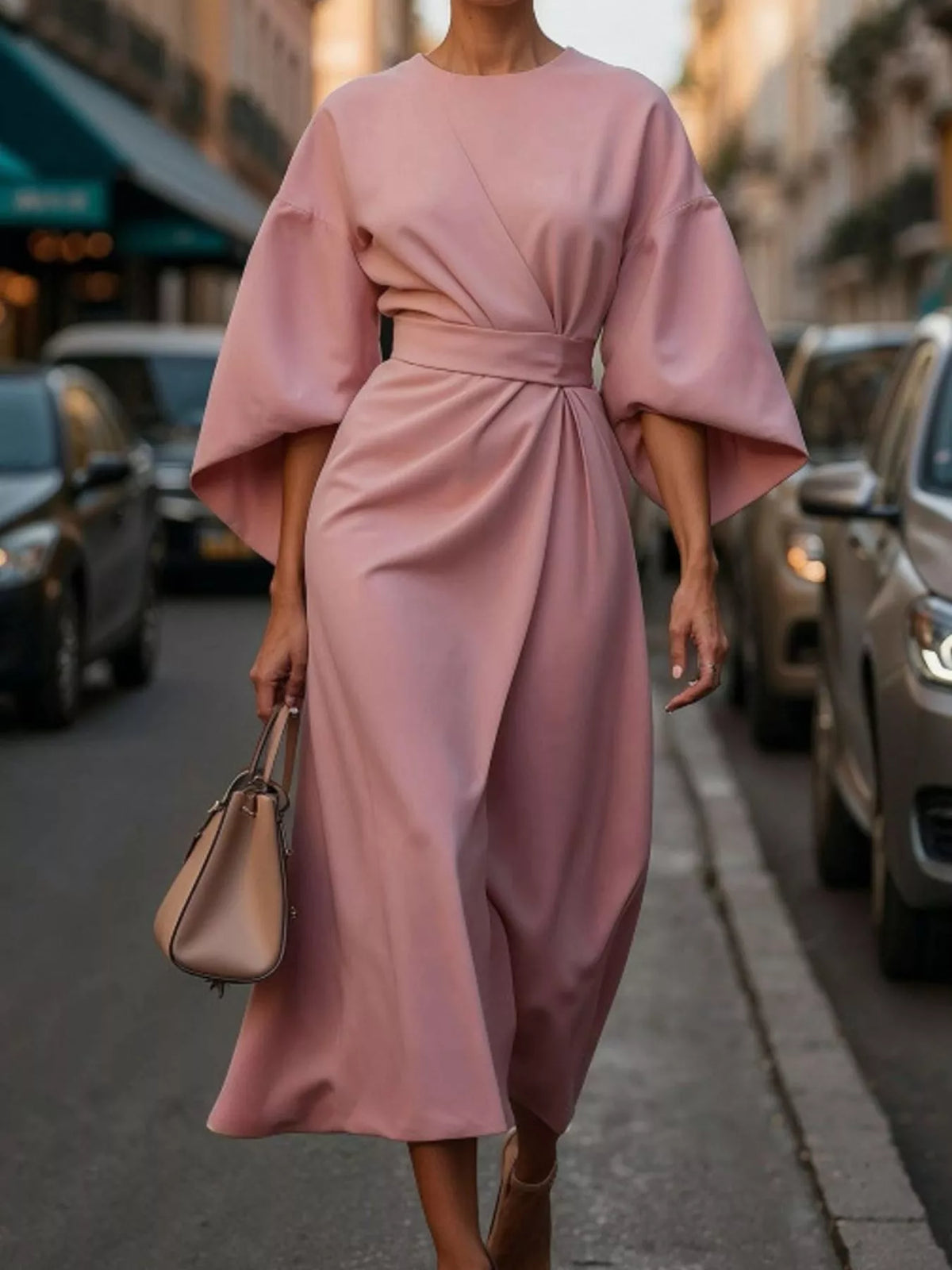 Mauve pink kimono-sleeve belted midi dress with high waist and draped tie belt.