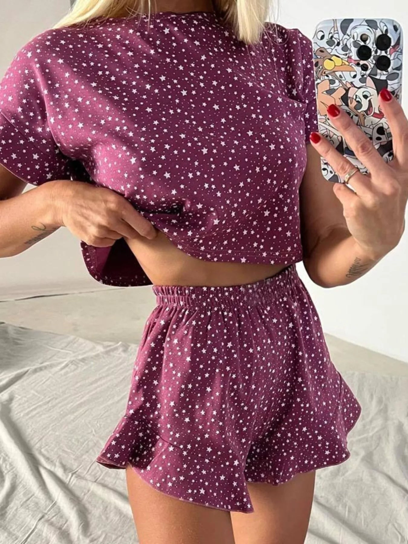 Purple star-print crop top with ruffled shorts lounge set