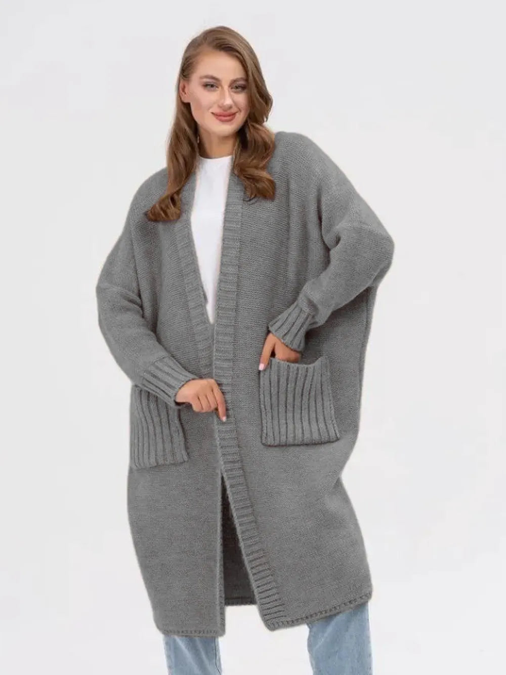 Gray longline open-front cardigan with ribbed cuffs and two front patch pockets