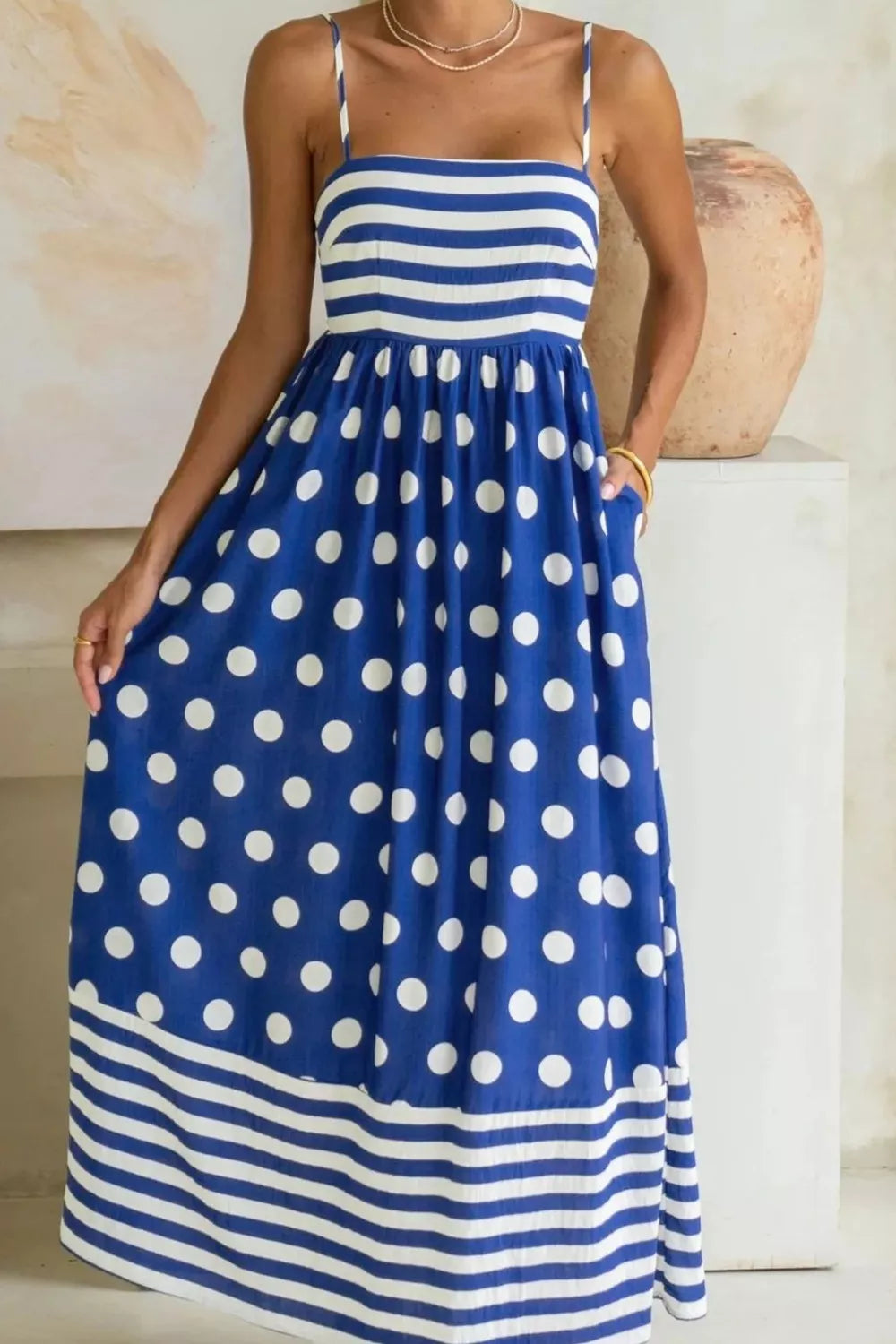 Cedar & Moore Striped blue and white polka-dot patchwork maxi dress with spaghetti straps, high waist
