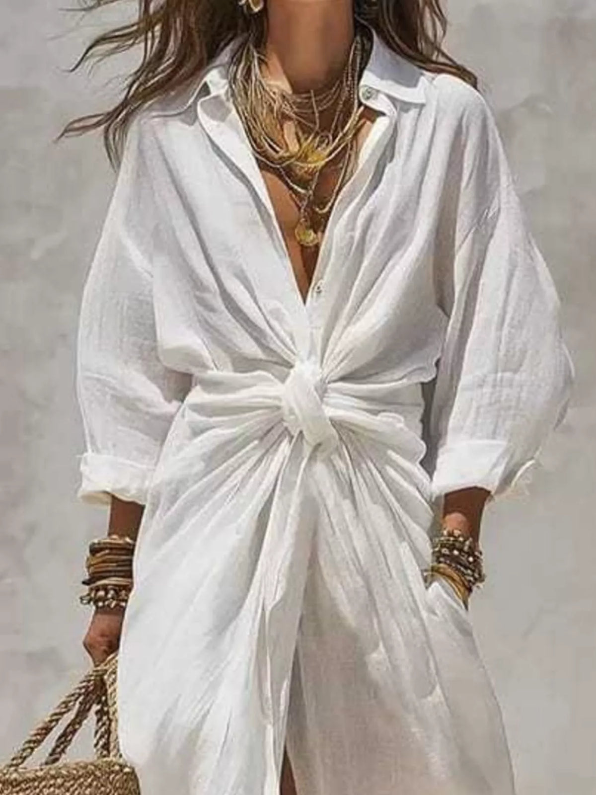 White linen-blend maxi dress with knotted front tie, V-neckline, long sleeves