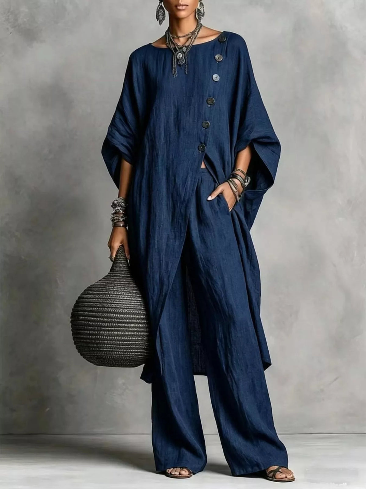 Navy button-front tunic and wide-leg pants set with oversized sleeves and buttons