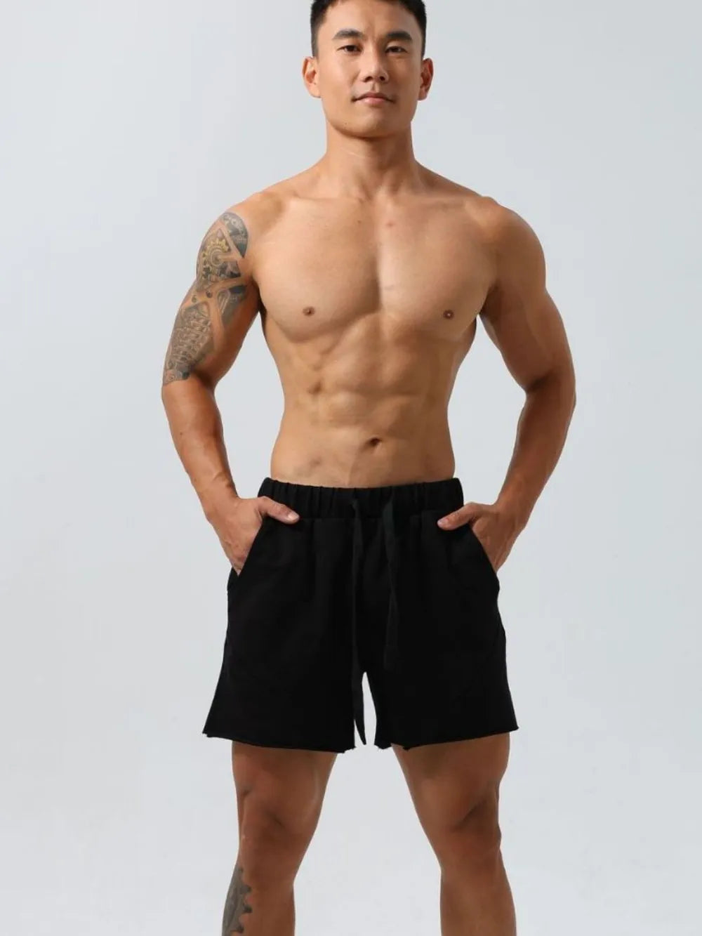 Men's plus-size drawstring elastic waist shorts, black, drawstring tie and front pockets