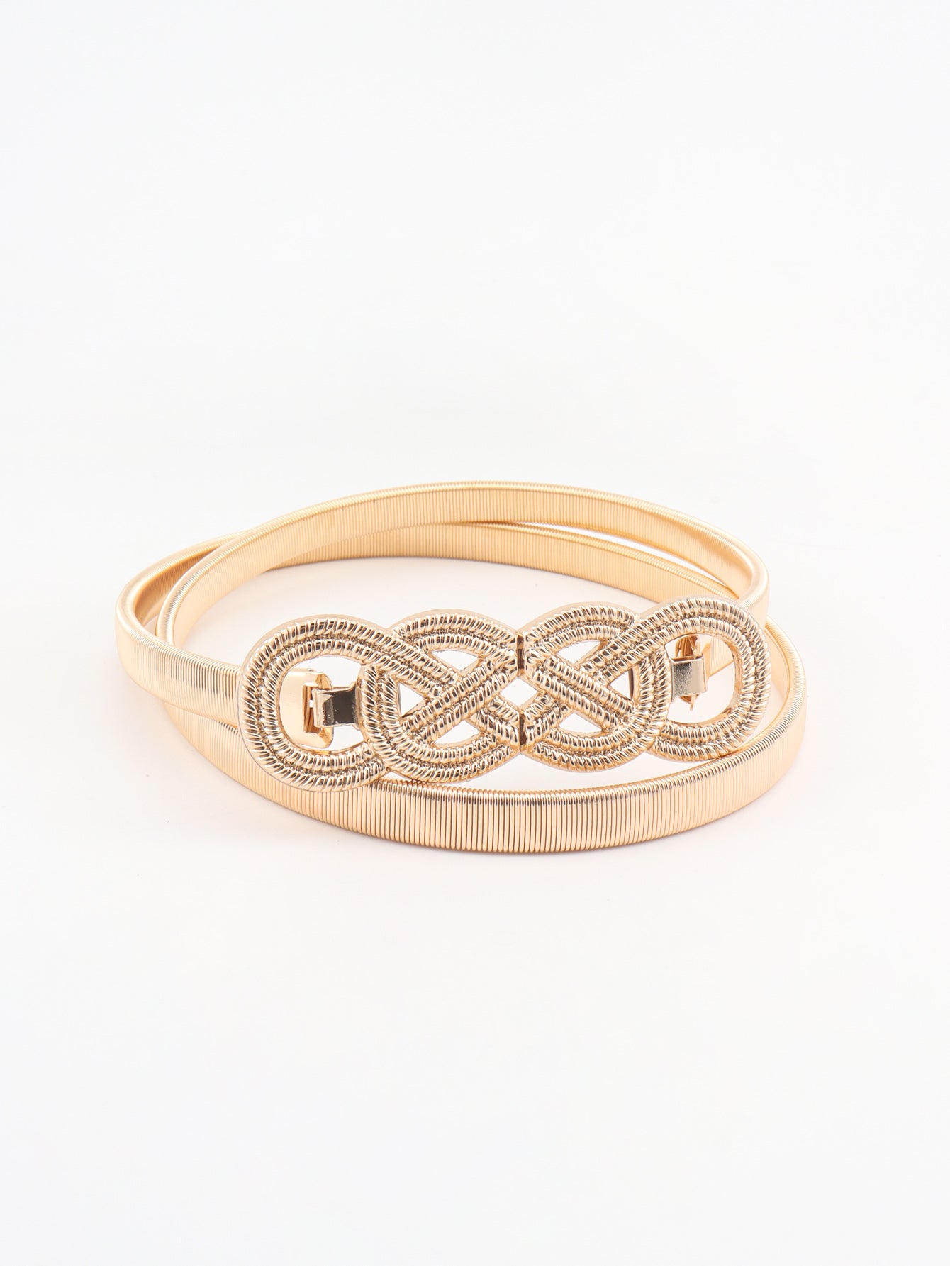 Gold-tone metal knot buckle belt with circular braided buckle centerpiece