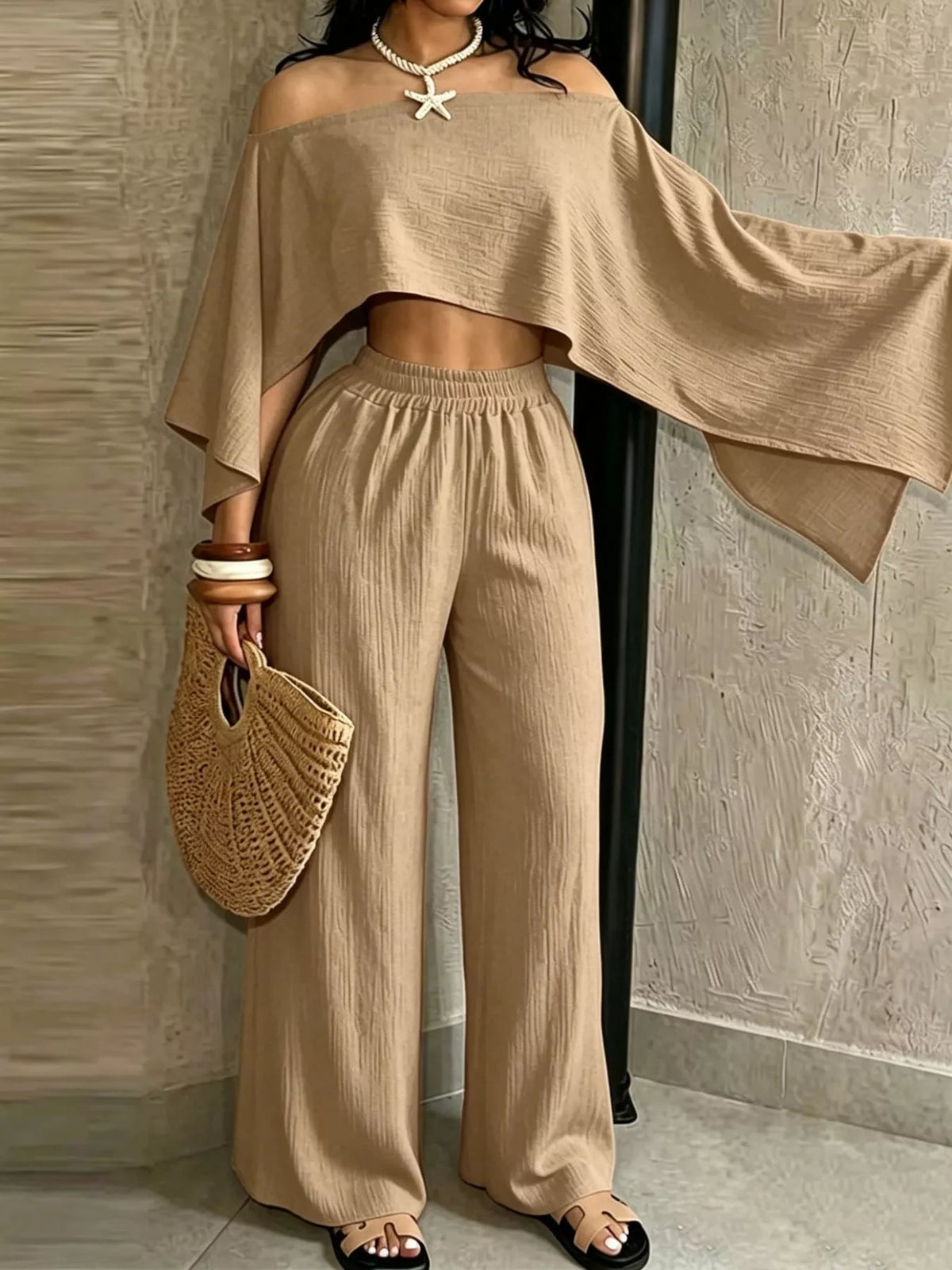 Beige boat-neck crop top and wide-leg pants set with elastic waist