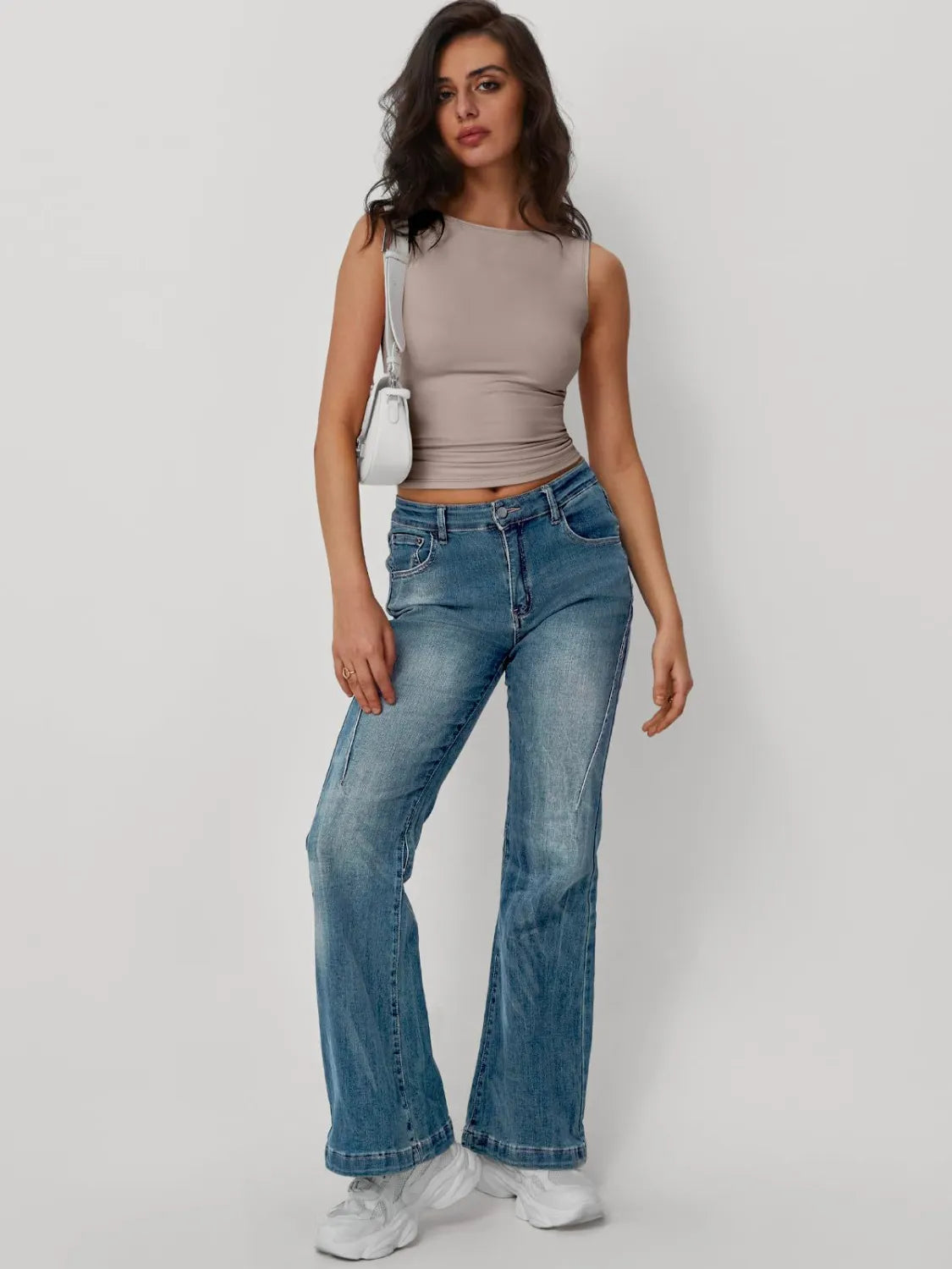Solid round neck tank, light taupe, sleeveless with gathered ruche at waist