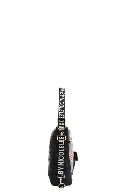 Convertible adjustable strap backpack bag, black side strap with repeated Nicole Lee lettering.
