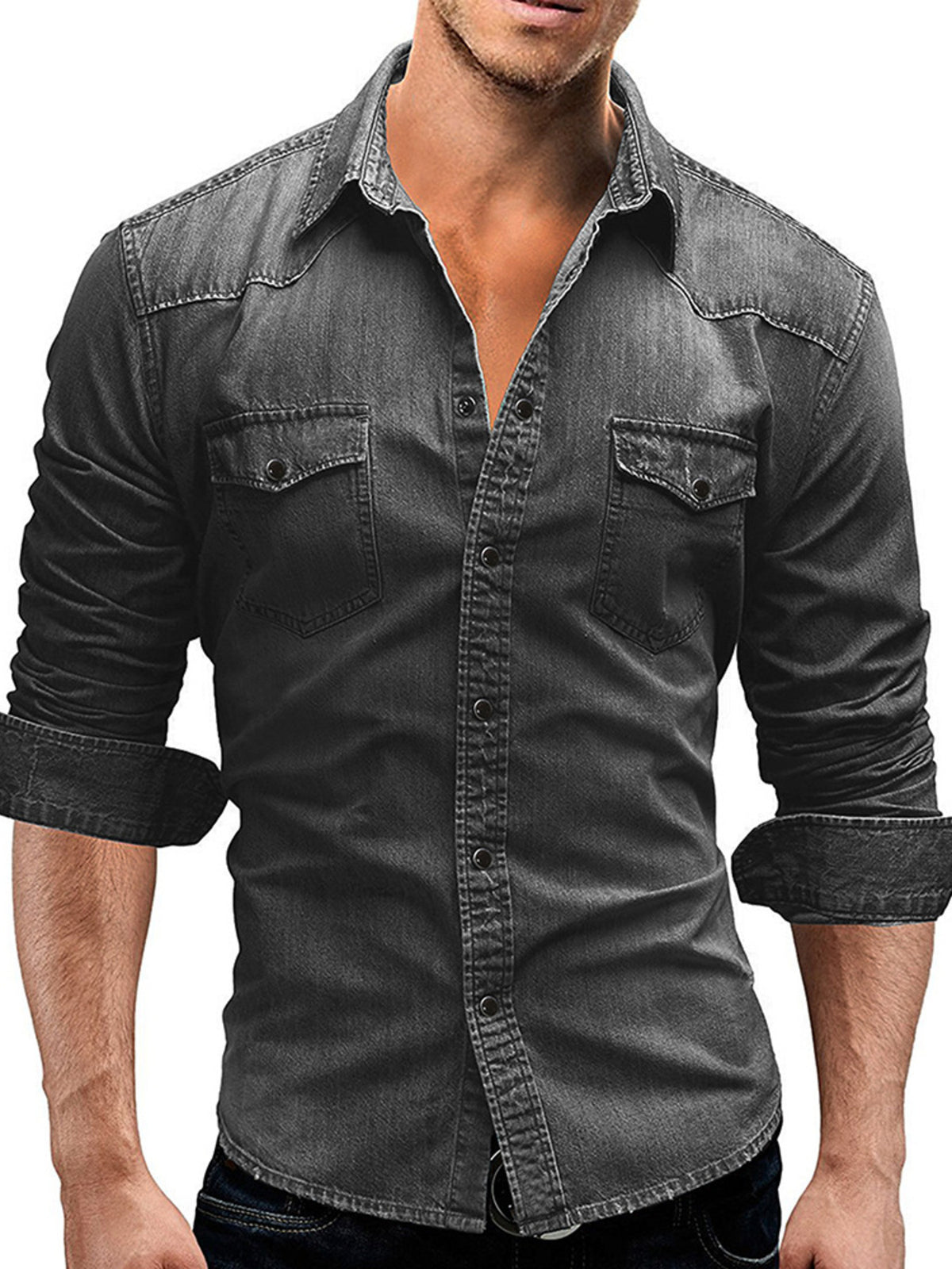 Washed dark gray denim button-up shirt with two chest pockets and long sleeves
