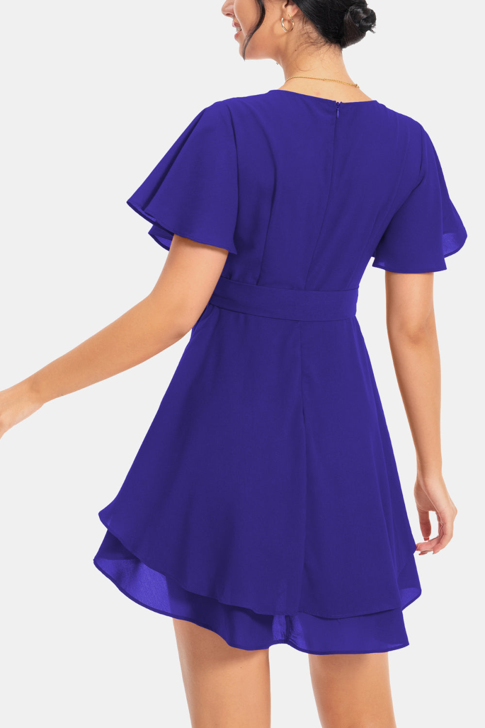 Royal blue back view flutter sleeve surplice dress with gathered waist and flared skirt