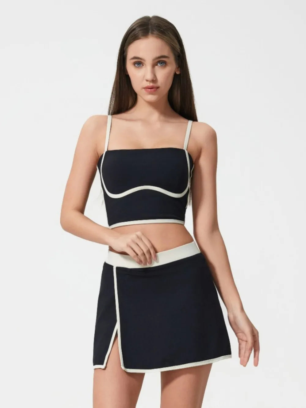 Active cami top, square neck, black with white contrast trim and detachable chest pads