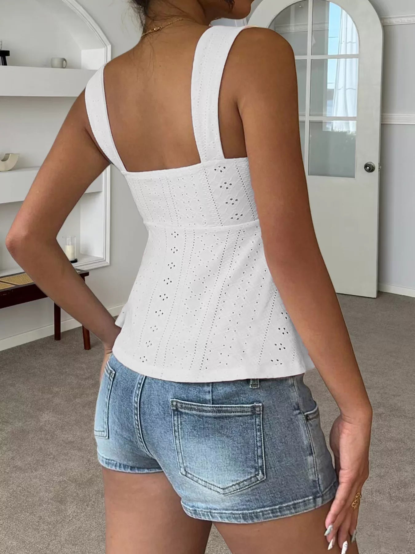 Cedar & Moore Eyelet Embroidered Drawstring Cami Top in white with wide straps, Trendsi.