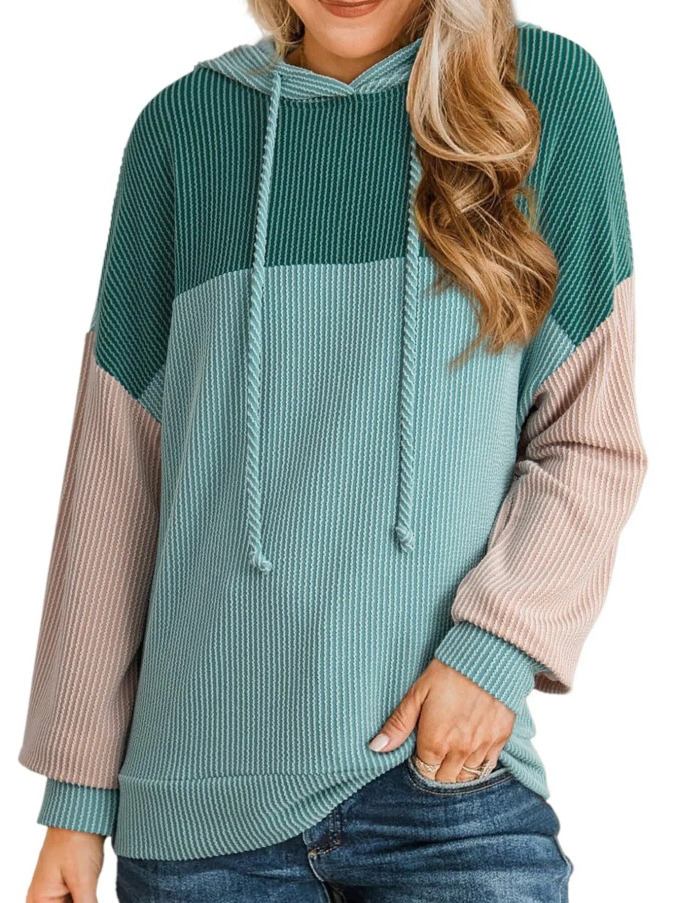 Color-block long-sleeve hoodie with hood and drawstring, teal upper, light cream center, beige sleeves