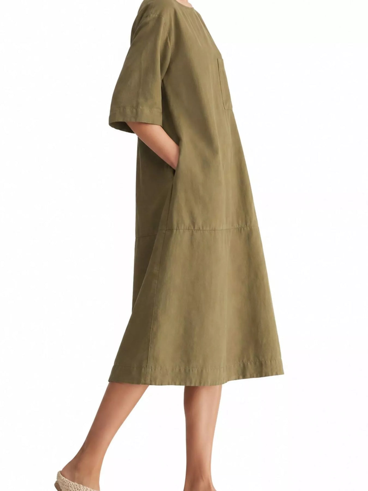 Khaki linen-blend midi dress in side view, with loose fit, short sleeves and pockets