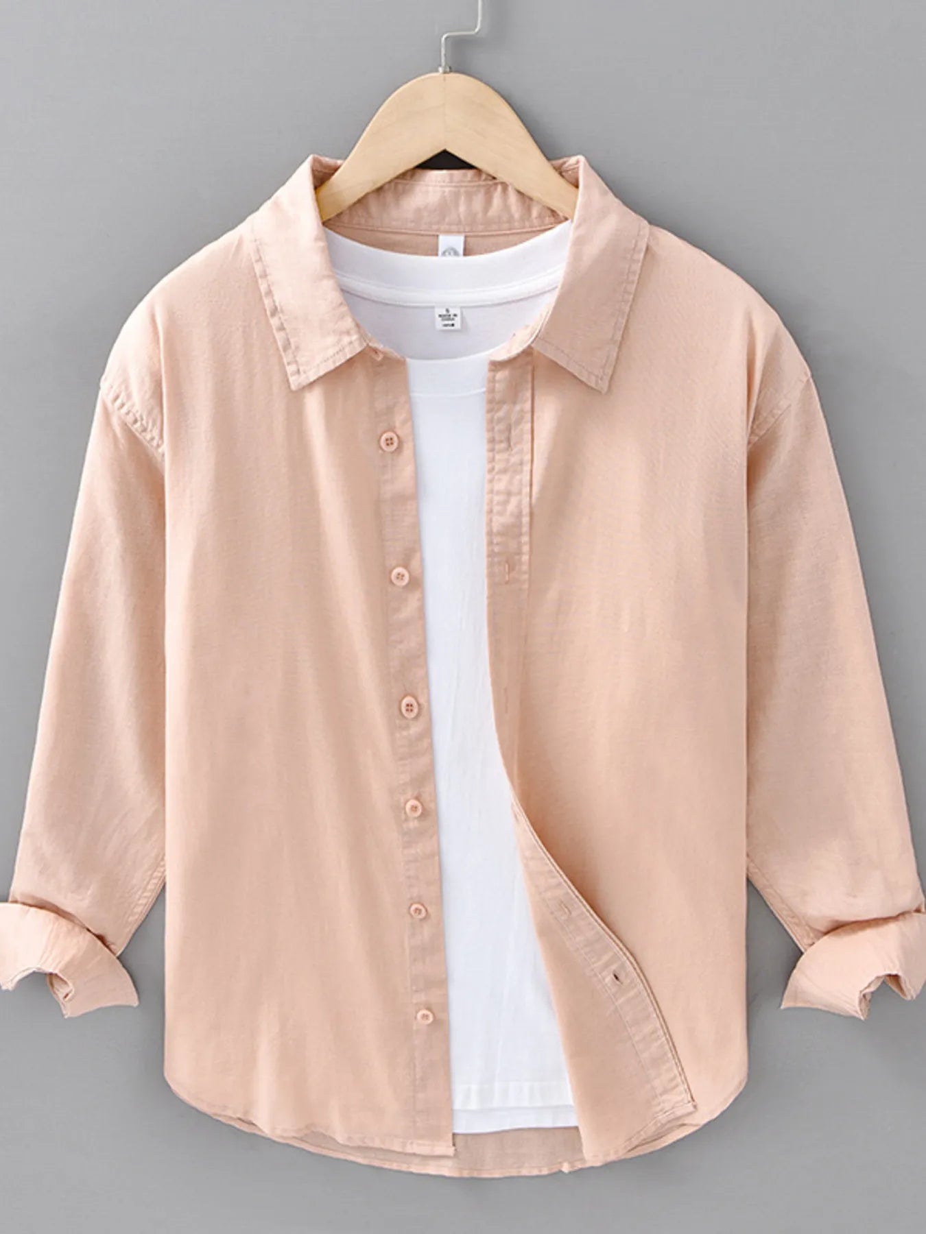 Men's plus size button-up long sleeve shirt, light peach, front view