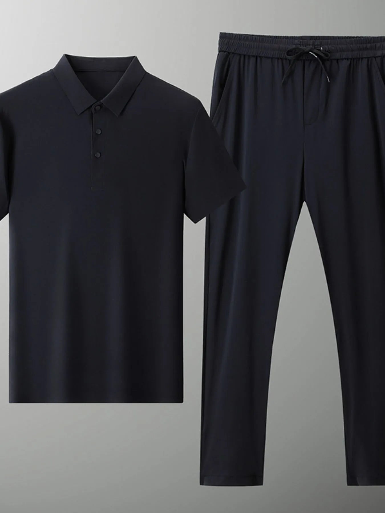 Men's black polo shirt and drawstring pants set, short sleeves, button placket