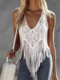 Cedar & Moore Lace Fringe Tank Top, white lace with fringe hem, sheer fabric, Trendsi