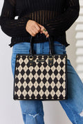 Argyle-pattern PU leather handbag with top handles, black trim, gold-tone logo hardware