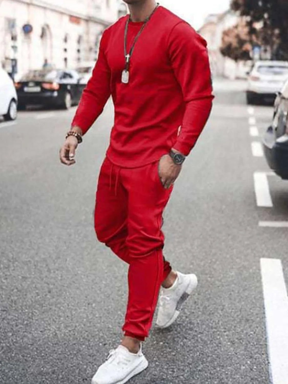 Men's long-sleeve crew-neck top and jogger pants set, red