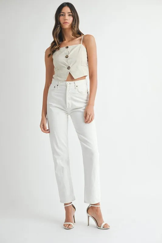 Oatmeal linen-mix button-down tank top with front buttons and square neckline