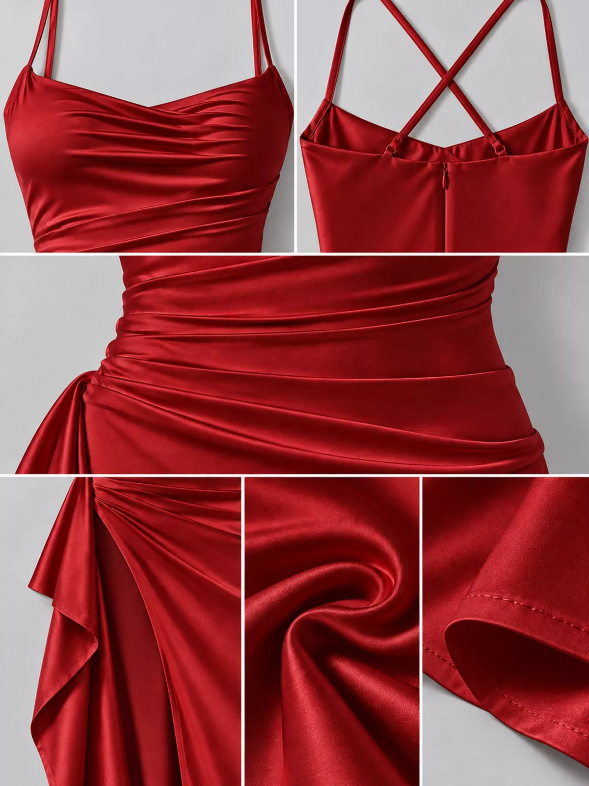 Ruched satin maxi dress with spaghetti straps and high side slit, red
