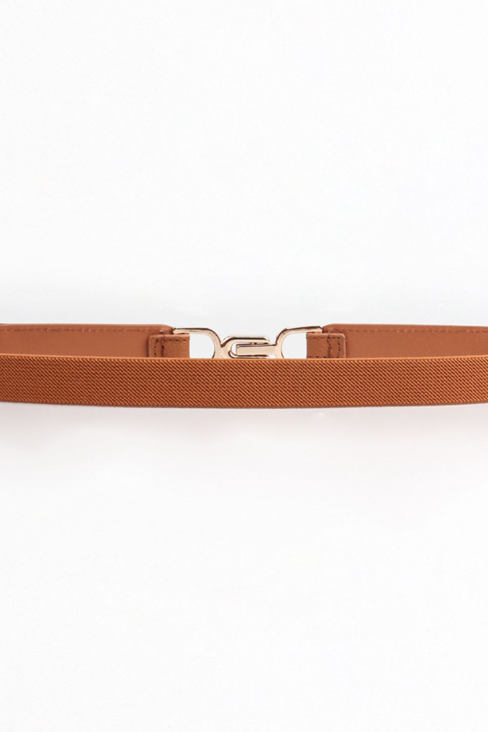 Caramel elastic belt with silver-tone buckle centered on the strap
