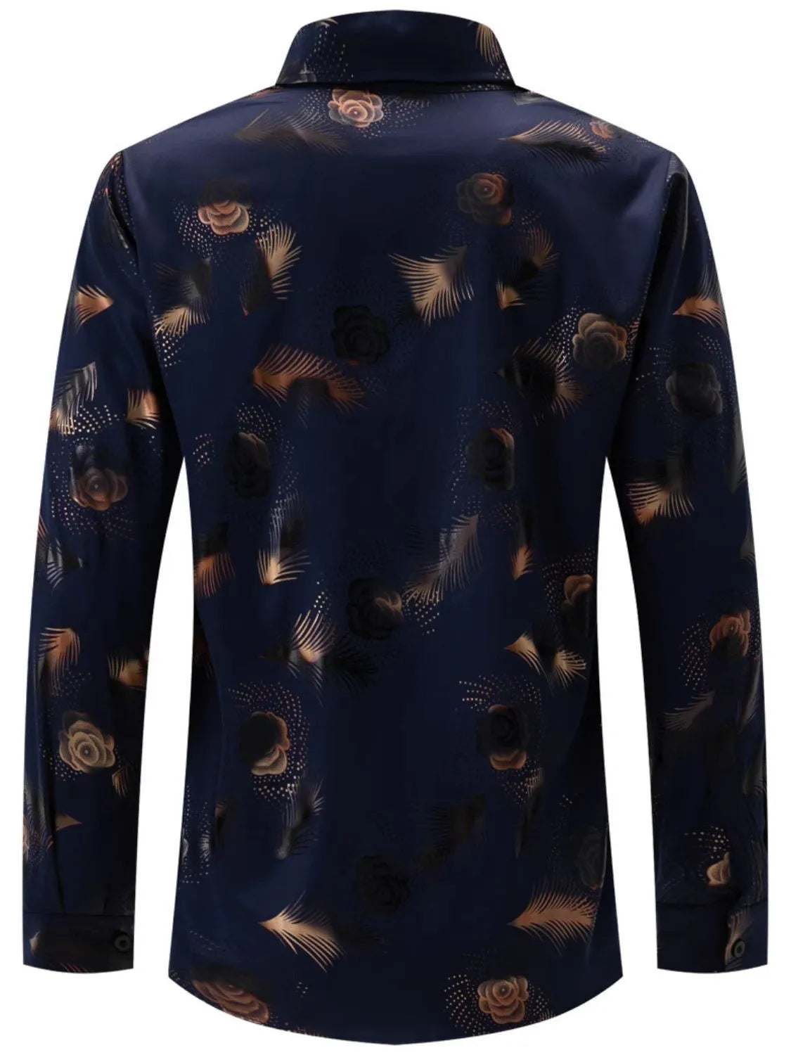 Back view of men's button-up long-sleeve shirt in navy with rose and feather print