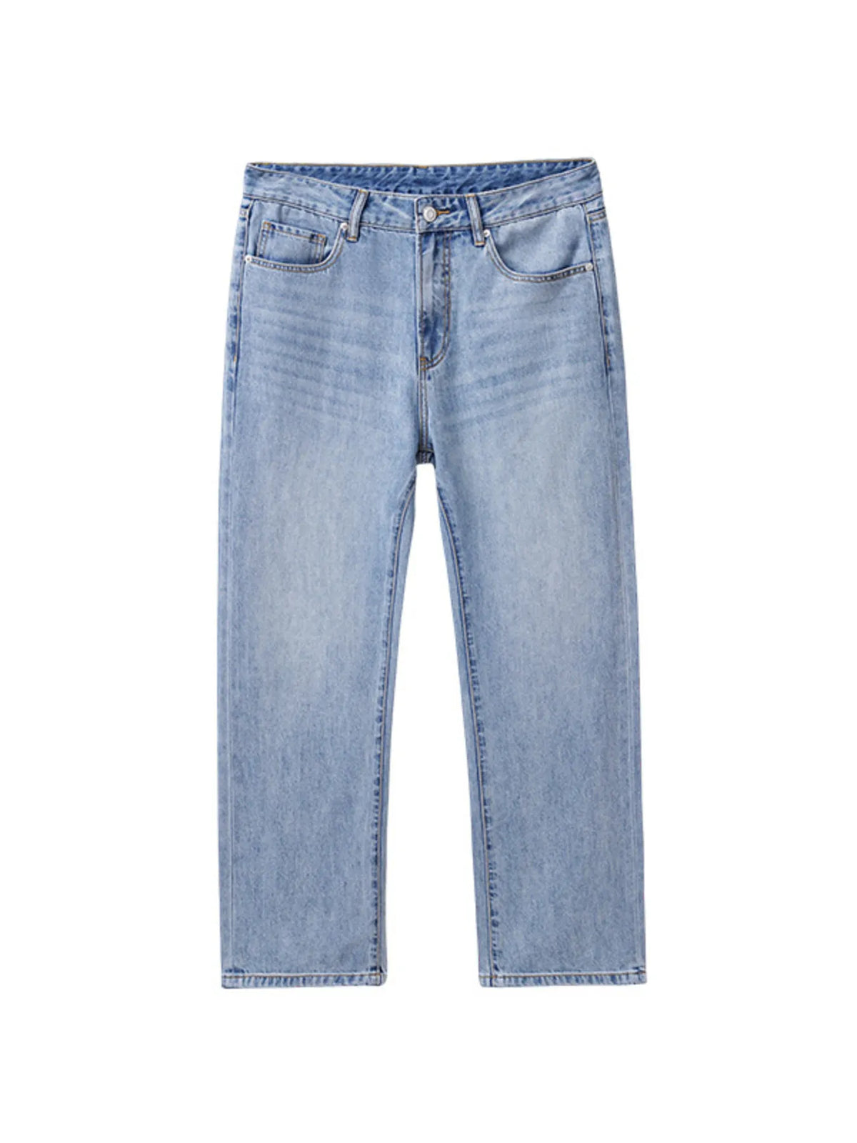 Light blue washed straight jeans with relaxed fit, front button closure and pockets