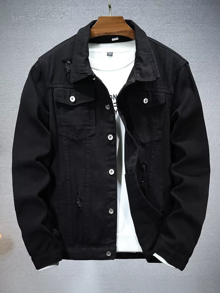 Black distressed denim jacket, slim fit, button front, chest flap pockets