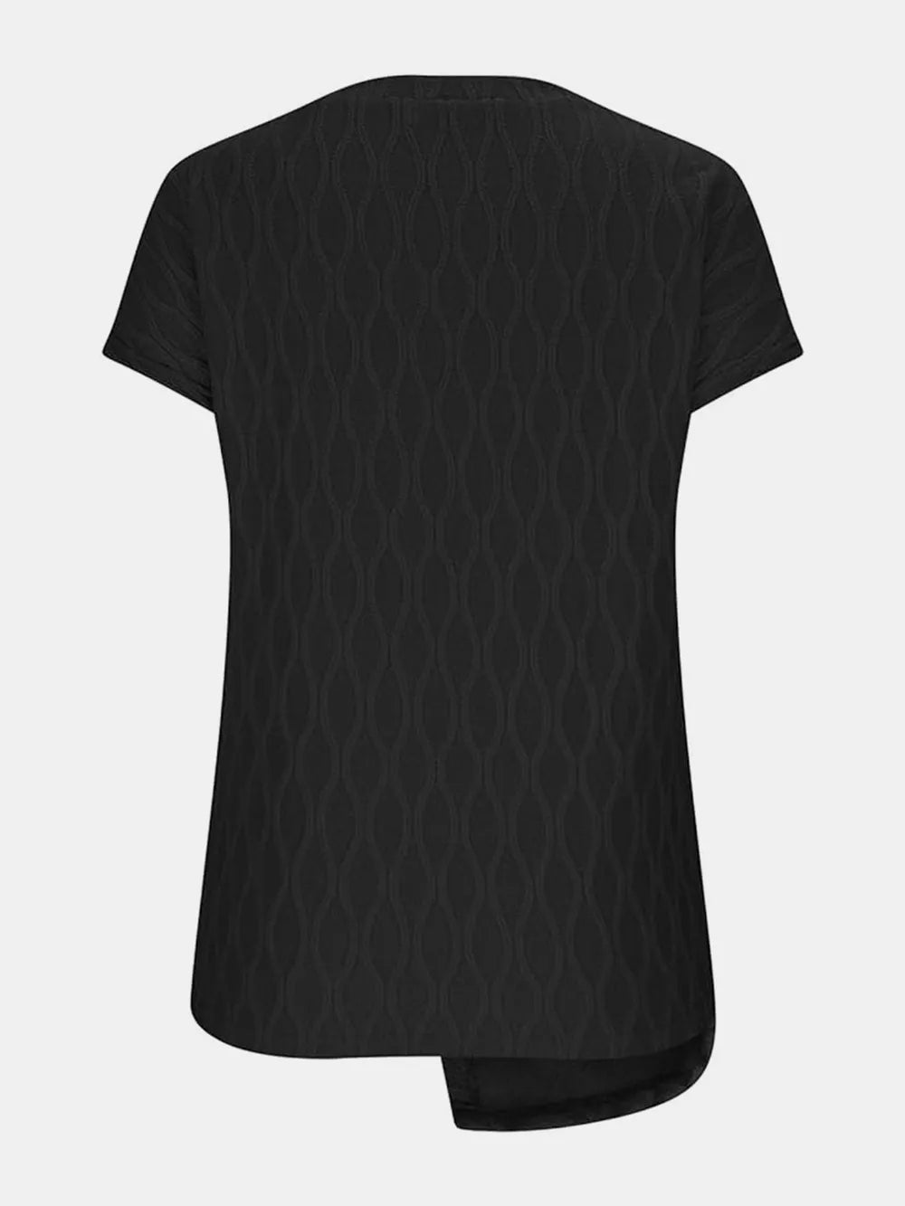 Round-neck short-sleeve T-shirt in black, back view with curved tunic hem