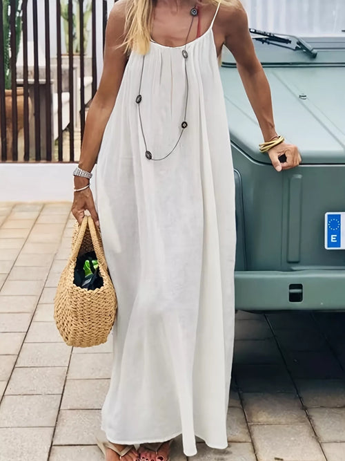 White sleeveless maxi dress with scoop neckline and long button-placket detailing