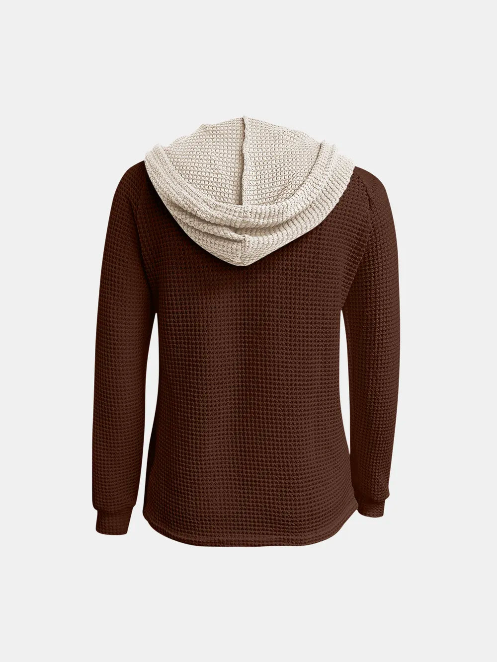 Dark brown waffle-knit hoodie, back view with long sleeves and contrast hood trim.