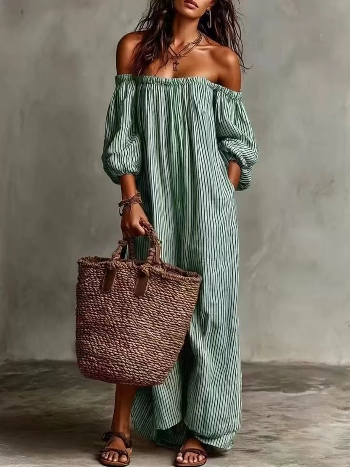 Off-shoulder striped maxi dress in green with smocked neckline and puff sleeves