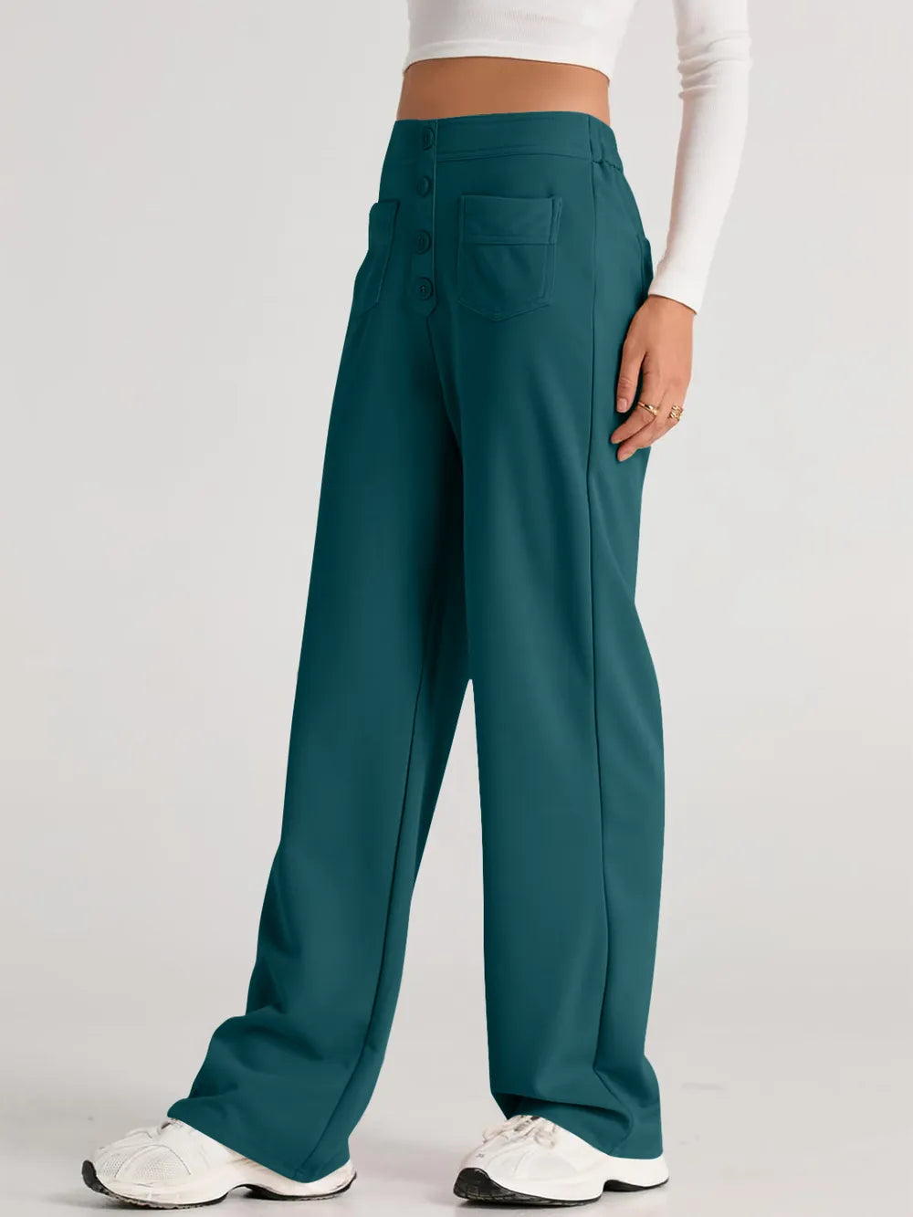 Deep teal high-waist wide-leg pants with button-front and front pockets