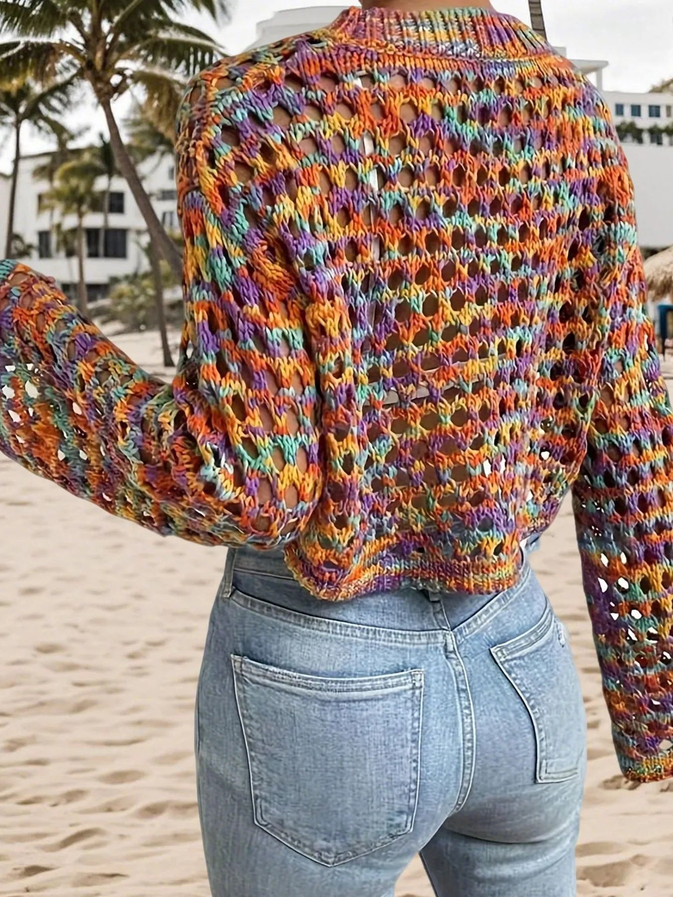 Multicolor crochet hollow-out cropped sweater with wide sleeves