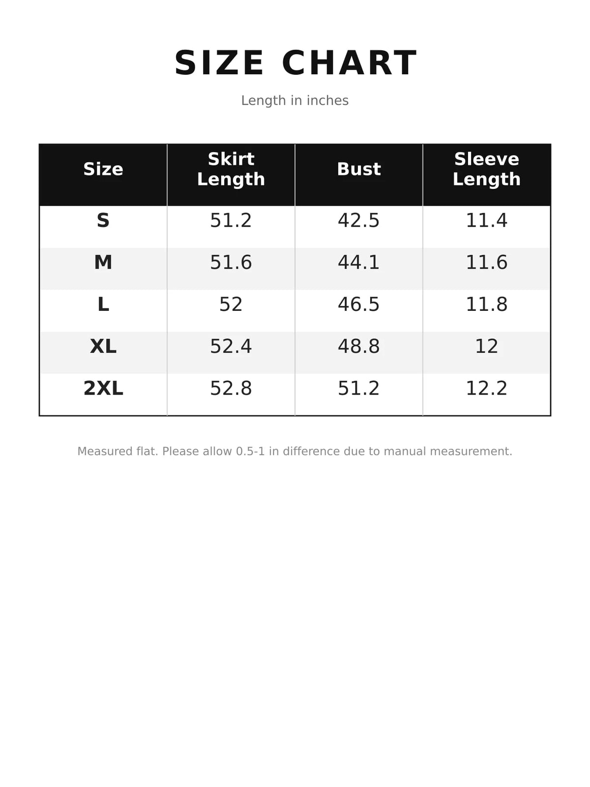 Size chart for maxi dress: skirt length, bust, sleeve length by size
