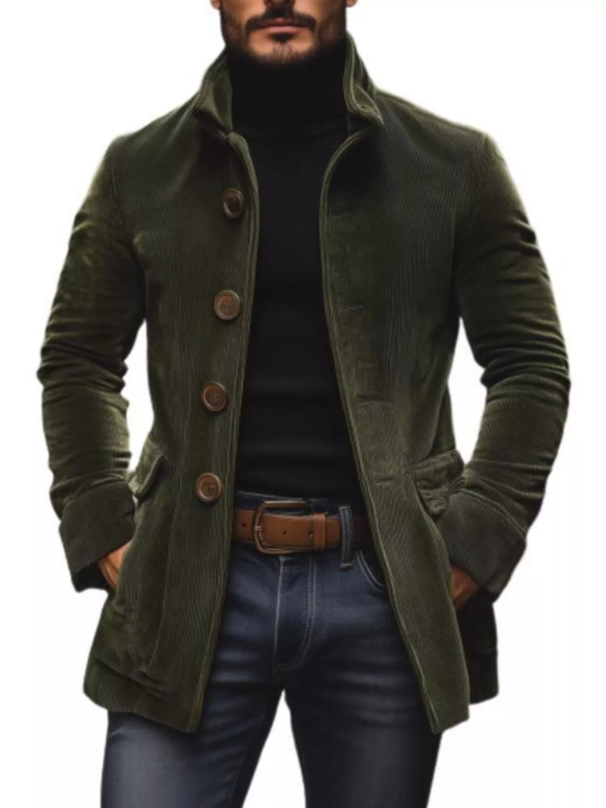 Olive green stand-collar single-breasted coat with button front, long sleeves