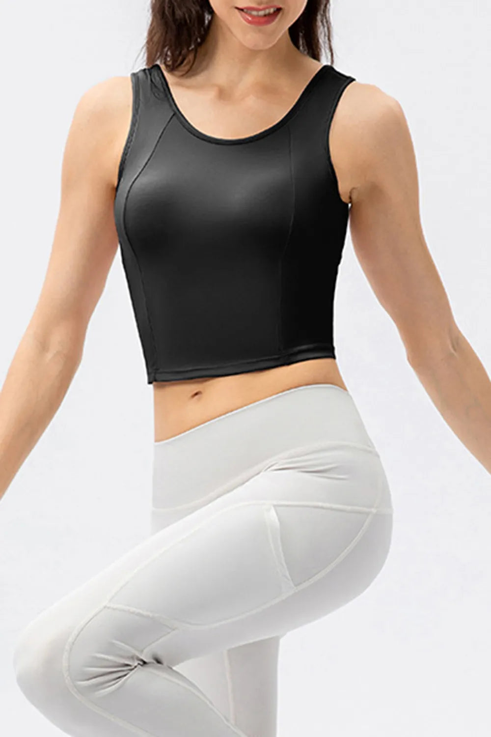 Black active tank top with wide straps and round neckline